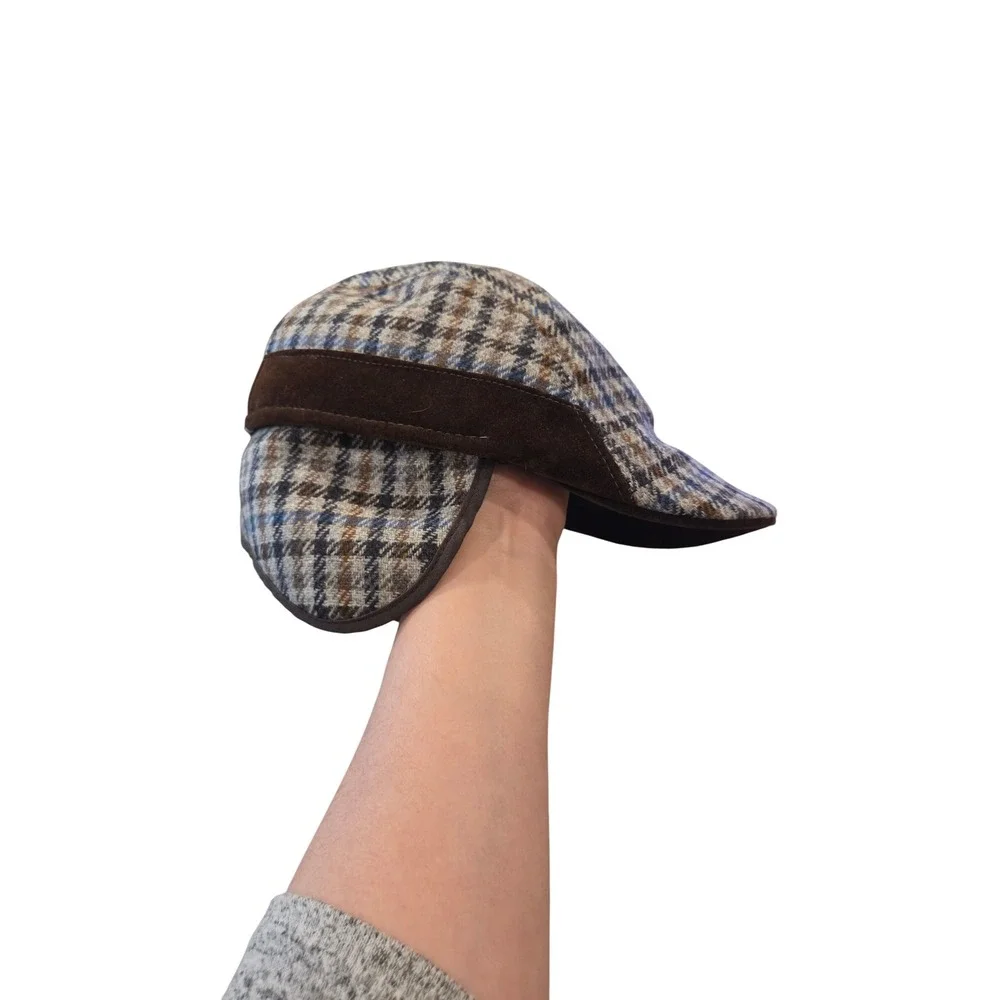 Houndstooth Newsboy Cap Brown Blue‎ Plaid Driving  Hat Ear Flaps Made In Italy
